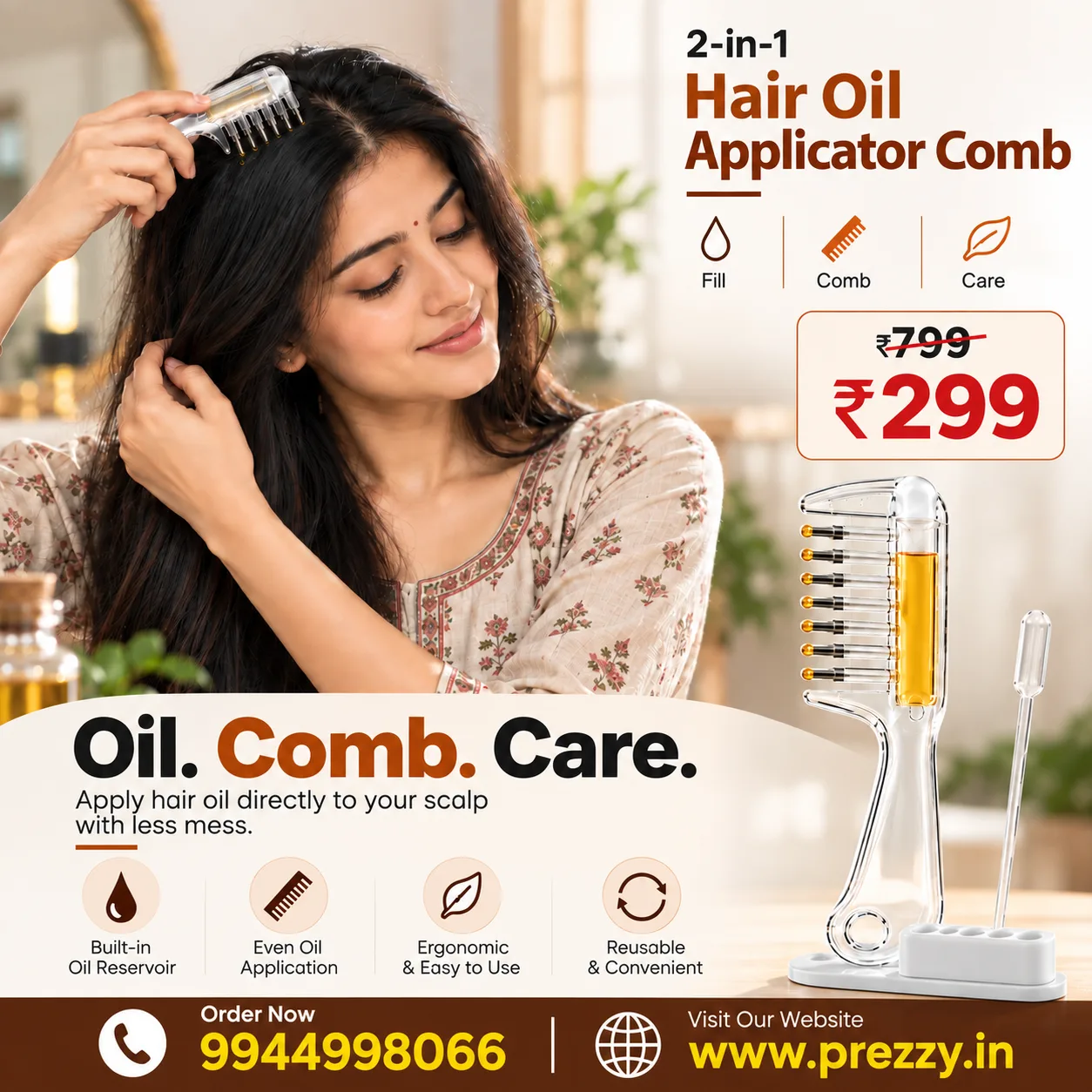 Hair Oil Applicator Comb, Refillable Scalp Massager & Liquid Dispenser with Storage Base
